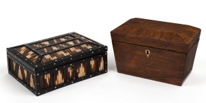 A Georgian rosewood tea caddy with ivory escutcheon, housing two lidded compartments with original ivory turned knobs, early to mid 19th century; together with a Ceylonese ebony and porcupine quill box with bone inlay, early 20th century, (2 items), 20cm 