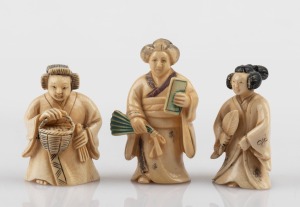269 · Three Japanese carved ivory netsuke in female form, 20th century, ​​​​​​​the largest 6cm high.