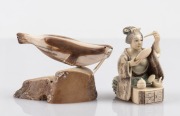 A Japanese carved ivory okimono of a lady, together with an Alaskan carved mammoth ivory walrus ornament, 20th century, (2 items), ​​​​​​​the okimono 6.5cm high.