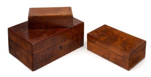 Three antique and vintage timber boxes crafted in blackwood and huon pine, 19th/20th century, ​​​​​​​the largest 10cm high, 22cm wide, 15cm deep.