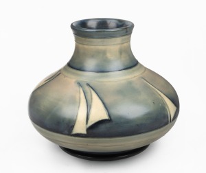 MOORCROFT "Yacht" pattern pottery vase with salt glazed finish, impressed signature mark to base "Moorcroft, Potter To H.M. The Queen, Made In England", 14.5cm high.