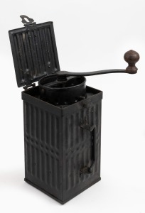 WW2 Italian or German army issue coffee grinder in original black metal case, ​​​​​​​24cm high.