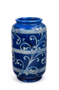 MOORCROFT "Banded Father" pottery vase with salt glazed blue ground, impressed "Moorcroft, Made In England", 22cm high.