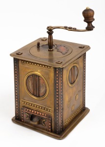 An antique copper and brass coffee grinder, 19th/20th century, 31cm high.