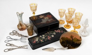 Antique Bohemian overlay glass scent bottle, assorted antique glassware, silver plated grape scissors and utensils, hand-painted boxes, reverse glass hand-painted panel and an antique Austrian floral jug, 19th/20th century, (16 items), the jug 17cm high.
