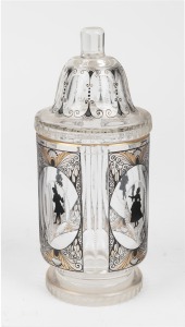 ADOLF BECKERT (Glasfachschule Steinsch&ouml;nau), Bohemian art glass lidded jar with black enamel silhouette decoration and gilt highlights, early 20th century, 21cm high.