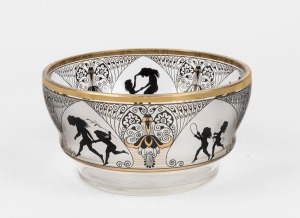 ADOLF BECKERT (Glasfachschule Steinsch&ouml;nau), Bohemian art glass circular bowl with black enamel silhouette decoration and gilt highlights, early 20th century, 10cm high, 19cm diameter.