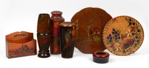 Assorted vintage woodware vases, letter rack and doily covers, 20th century, (7 items), the largest vase 26cm high.