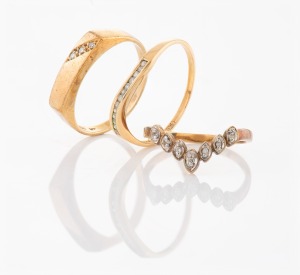 377 · Three vintage 9ct gold and diamond rings, 20th century, ​​​​​​​4.9 grams total.