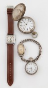 OMEGA antique silver cased full hunter pocket watch (in an OMEGA branded box), together with a silver cased lady's pocket watch, a vintage sterling silver wristwatch, and an Art Deco UNICORN wristwatch in steel case, 19th and 20th century, (4 items).