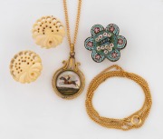 Two 9ct gold chains (6.6 grams total), a micromosaic brooch, a pair of carved bone earrings, and an Essex crystal pendant in gold plated surround, (5 items).