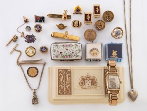 380 · A vintage 14ct gold cased wristwatch, gold rings, assorted cufflinks, tiepins, Limoges porcelain patch box, etc, (qty).
