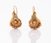 A pair of vintage two-tone 18ct gold and seed pearl earrings, 2.5cm high overall, 3.5 grams.