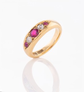 330 · A vintage 18ct gold, diamond and ruby ring, 20th century, stamped "18ct", ​​​​​​​6.3 grams.