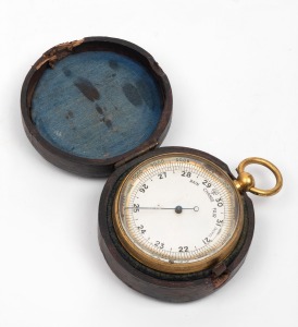 An antique pocket barometer in original leather case, 19th century, ​​​​​​​7cm high overall including bow.