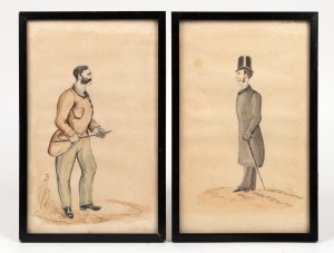 Two framed antique watercolour caricature portraits, 19th century, 25 x 16cm each overall.