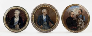 Three antique Prattware pot lids: I.) Wellington, II.) The Late Duke Of Wellington, III.) The Allied Generals... ​​​​​​​the largest 11.5cm diameter.