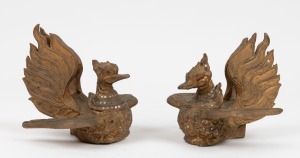 169 · A pair of vintage Burmese carved wooden phoenix figures with gilt painted decoration inlaid with coloured glass, 20th century, 15cm high.
