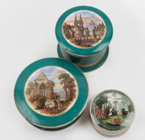 468 · Three antique English Prattware pot lids with bases, including "Cold Cream of Roses", mid 19th century, the largest 10.5cm diameter.
