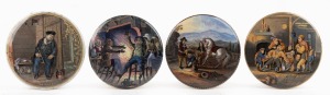 469 · Four antique English Prattware pot lids, including "On Guard" and "Tam O'Shanter & Souter Johnny", mid 19th century, the largest 11cm diameter.