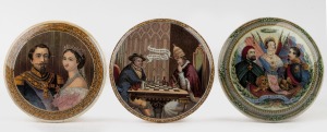 Three antique English Prattware pot lids, including Queen Victoria and Albert, "A False Move" and "Tria Juncta In Uno", mid 19th century, the largest 13cm diameter.