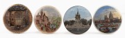 Four antique English Prattware pot lids, including "Albert Memorial, Hyde Park" and "St. Paul's Cathedral, Thames Pageant", mid 19th century, the largest 10.5cm diameter.