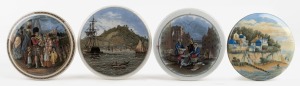 474 · Four antique English Prattware pot lids, including "Naparima, Trinidad", "Pegwell Bay" and "Embarking For the East", mid 19th century, the largest 13cm diameter.