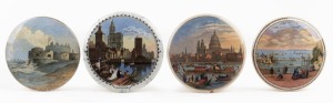 475 · Four antique English Prattware pot lids, comprising of "Sandown Castle, Kent", "Royal Harbour, Ramsgate", "St. Paul's Cathedral, Thames Pageant" and "Strasburg", mid 19th century, the largest 10.5cm diameter.
