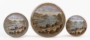 Three antique English Prattware pot lids of Sebastopol (three variations), mid 19th century, the largest 12.5cm diameter.