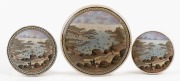 Three antique English Prattware pot lids of Sebastopol (three variations), mid 19th century, the largest 12.5cm diameter.