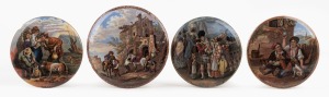 477 · Four antique English Prattware pot lids, including "Lend a Bite" and "Embarking to the East", mid 19th century, the largest 12cm diameter.