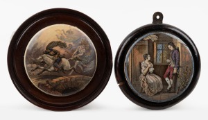 480 · Two antique English Prattware pot lids, both mounted in timber frames, comprising of "Tam O'Shanter" and "That No Jealous Rival Shall Laugh Me To Scorn", mid 19th century, the larger 10.5cm diameter not including frame.