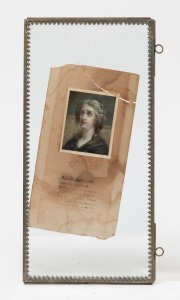 MARIE ANTOINETTE antique lithograph portrait, laid down on card with inscription and mounted between two sheets of glass (sometime in the 19th century), 31 x 15cm overall.