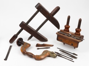 Antique brace, wood plane, assorted blades and clamp, 19th century, (qty), the brace 36cm high.