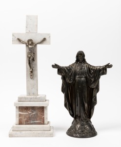 A vintage cast spelter Sacr&eacute;-C&oelig;ur religious statue; together with a marble and cast metal Corpus Christi, 20th century, (2 items), 30cm and 41cm high.