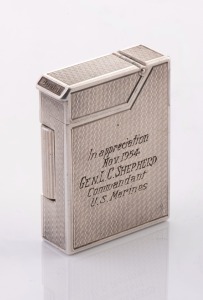 415 · DUNHILL "Broadboy" vintage English silver cigarette lighter, bearing inscription "In appreciation, November 1954. Gen. L. C. Shepherd, Commandant U.S. Marines.", 4.5cm high.