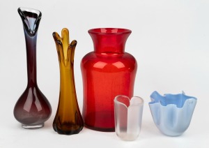 Five assorted vintage coloured glass vases, including Murano handkerchief, ruby glass, Scandinavian etc., the largest 32cm high.
