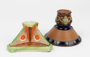 ROYAL DOULTON stoneware candle holder; together with an English Art Deco porcelain candle holder, early to mid 20th century, (2 items), the larger 10cm high.