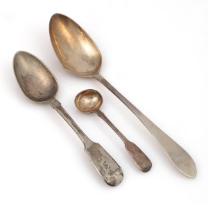 126 · An antique Scottish silver tablespoon, together with an antique English sterling silver spoon and mustard spoon, 19th century, (3 items), ​​​​​​​129 grams total.