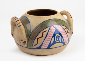 An Art Deco pottery vase with serpent handles and decorative enamel finish, circa 1920s, 12.5cm high, 21.5cm wide.