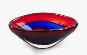 A Murano banded sommerso art glass vase in red, blue and green, mid 20th century, 12cm high, 29cm wide.