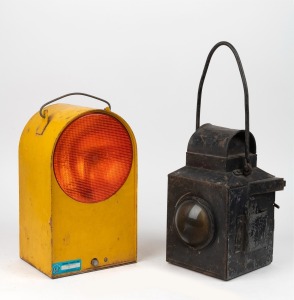 Antique railway signal lantern; together with a yellow finished vintage lantern, 19th and 20th century, (2 items), 46cm and 34cm high (handles up).