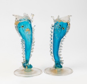 SALVIATI pair of Murano blue glass fish vases with gold foil inclusions, 18cm and 19cm high.