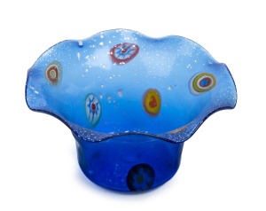 A Murano blue glass bowl with murrines and silver foil inclusions, 9cm high, 17cm wide.