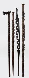 Four tribal walking sticks, Papua New Guinea and African origin, 20th century, the largest 101cm long.