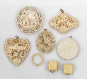 381 · Four assorted Chinese carved ivory pendants; together with an Indian carved ivory elephant brooch, a pair of carved ivory clip on earrings and a carved ivory ring, early to mid 20th century, (7 items), the largest 5cm wide.