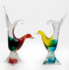 A pair of coloured Murano glass bird vases, 30cm and 34.5cm high.