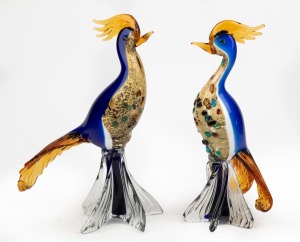 A pair of Murano blue glass pheasant statues with bejewelled inlaid decoration, ​​​​​​​30cm high.