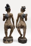 A pair of antique Burmese carved wooden figures with polychrome finish, 19th/20th century, 76cm and 73cm high. - 2