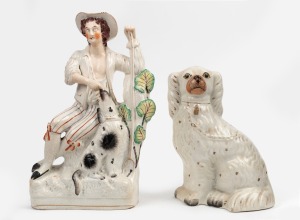 460 · Two antique English Staffordshire pottery statues, early to mid 19th century, ​​​​​​​35cm and 24cm high.